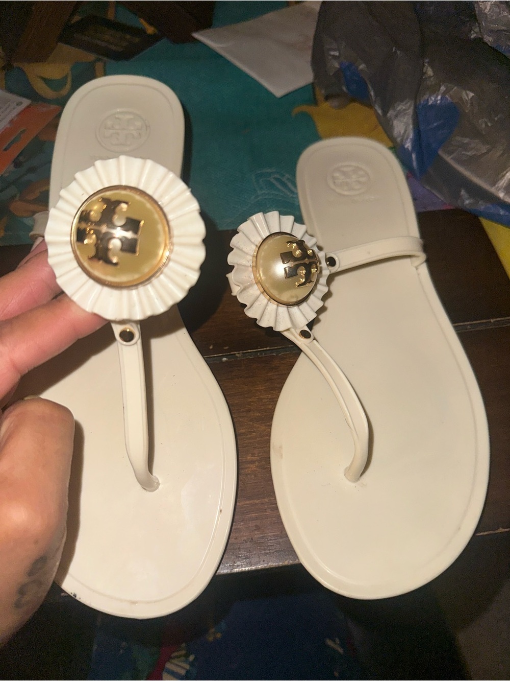 Tory Burch Cream Thong Sandals with Gold Logo Medallions
